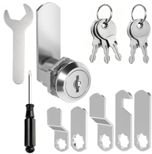 25mm Cam Lock Set, Mailbox Cabinet Lock Replacement with 5 Metal Keys, 5 Locking Plates, Screwdriver & Wrench, Zinc Alloy Drawer Locker Cupboard Lock, Silver