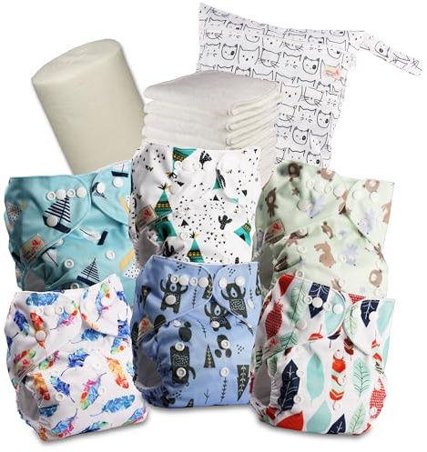 Littles & Bloomz Pocket Stoffwindeln, Druckknöpfe, 6er+6 Einlagen 636PM6 | 6 Stoffwindeln + 6 Mikrofaser-Einlagen, Bambusvlies & Nasstasche. Verstellbare Druckknöpfe für sicheren Sitz.