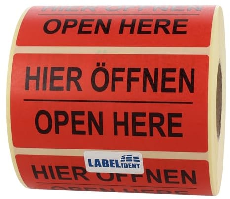 Labelident Warnetiketten 100 x 50 mm - Paket Aufkleber Hier öffnen - Open here - 1.000 Versandaufkleber auf 1 Rollen, Versandetiketten selbstklebend