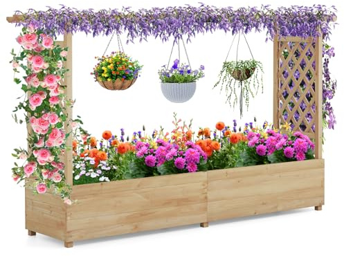 COSTWAY Garden Planter with Trellis, Hanging Roof and Drainage Holes, Weather-Resistant Wooden Raised Bed for Vine Climbing Plants, Outdoor Trough Container Grow Box Flower Pot (Natural, 200x44x114cm)