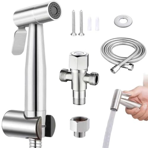 Bidet Handbrause Set mit 1,5 m Schlauch und 1/2 auf 3/8 Adapter, Edelstahl Handbrause für Toilette, Einfache Montage inkl. Zubehör für WC, Haustiere und Hygiene