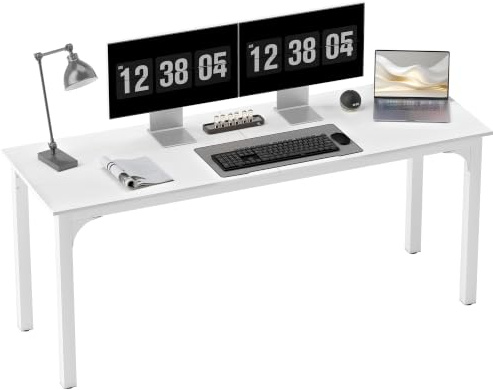 HOMCOM Escritorio de ordenador 180 cm con bandeja ancha para 2 personas, marco de acero, mesa de ordenador para trabajo en casa o estudio, blanco