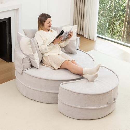 FammyLoft Modulare Rundes Cloud Couch mit Ottomane, Vollkomprimiertes Boneless Couch mit 5 Kissen, Vollkomprimiertes Ecksofa für Wohnzimmer/Schlafzimmer, Compressed Sofa, Ohne Montage, Chenille
