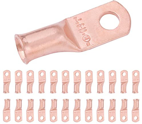 SELTERM 6 AWG (16 mm²) - # 10 (M5) ⌀ Hole UL Heavy Duty Wire Lugs, Battery Cable Ends, Bare Copper Eyelets, Tubular Ring Terminal Connectors [B15] - 25 Pack