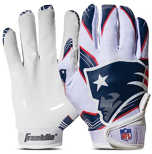 Franklin Sports New England Patriots - Guantes receptores de fútbol Juvenil de la NFL, Guantes receptores para niños, Logotipos del Equipo de la NFL y Palma de Silicona, par Juvenil M/L
