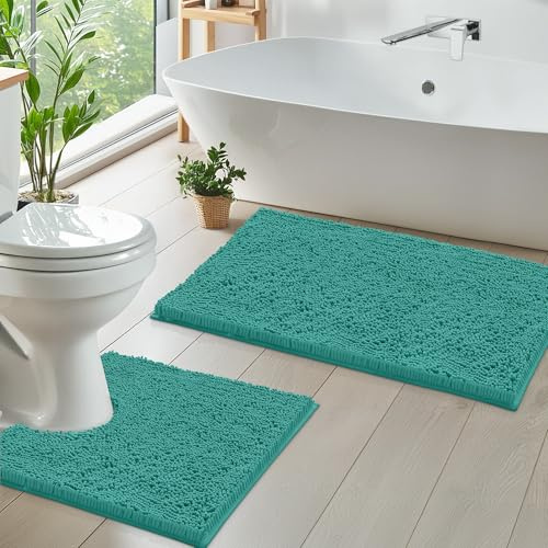 LuxUrux Bath Mat, Luxury Chenille (2-Piece) Bath Mat Set, Soft Plush Anti-Slip Bath Rug + Toilet Mat.1'' Microfiber Shaggy Carpet, Super Absorbent (Curved Set, Turquoise)