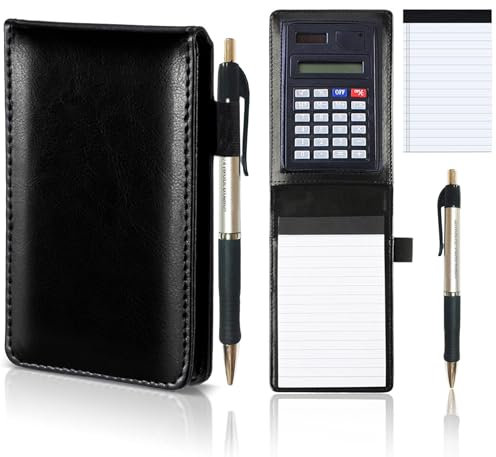KXF A7 Leder-Notizbuch, klein, Einkaufs-Notizblock, handliches Notizblock, liniert, Reporter, mit Stift und Taschenrechner, barer Schreibblock, 80 Seiten