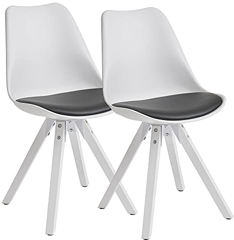 Wohnling 2er Set Retro Esszimmerstuhl Weiß/Schwarz Skandinavisch, Polsterstuhl Rückenlehne, Küchenstuhl mit weißen Beinen, Stuhl Kunstleder gepolstert