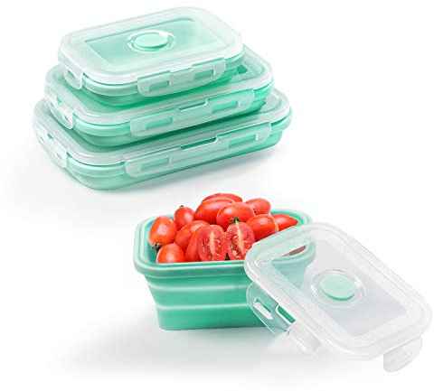 Diealles Shine 3 Stück Faltbare Frischhalteboxen, Silikon zusammenklappbaren Container Brotdosen aus Silikon für Mikrowellen, Kühlschränke, Verde