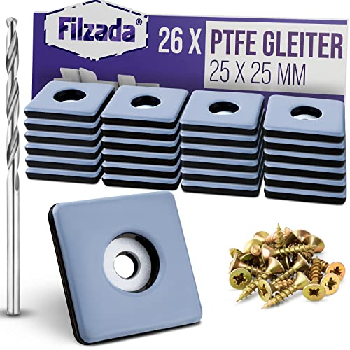 Filzada® 26x Teflongleiter zum Schrauben - 25 x 25 mm (eckig) - Möbelgleiter/Teppichgleiter PTFE (Teflon) inkl. Schrauben