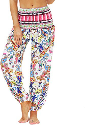 Nuofengkudu Damen Hippie Harems Hose Pumphose Haremshose Aladdinhosen Boho Gemustert Gesmockte Taille mit Taschen Yogahose Freizeithose Sommerhose Strandhose(Y-Muster A,One Size)