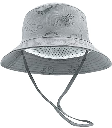 SEYUFN Bob Sonnenhut Baby-Fischerhut mit breiter Krempe Sonnenhut mädchen Verstellbarer Baumwollhut UV-Schutz Sommerhut für Kinder (Grauer Dinosaurier, 1-2 Jahre)