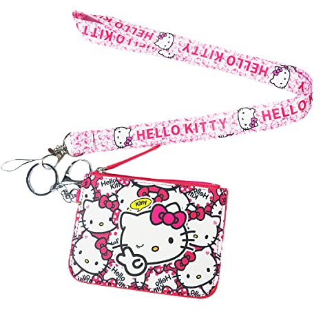 Kitty Cat Cute Badge Wallet with Lanyard, ID Card Holder Purse Pouch with Lanyard Card Case Neck Pouch Wallet Durable Card Holder with Zippers for Students Teens Girls Boys