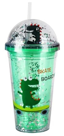CJHZQYY Vasos de plástico reutilizables, vasos para beber, dinosaurios, linda botella de agua de dibujos animados, lentejuelas, botellas de agua con tapa de paja, doble taza de café transparente, taza