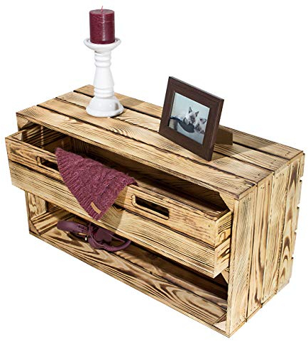 grosse Obstkiste TOSCA weiß / natur / geflammt mit langem Einlageboden / Zwischenbrett ca 68x40x30cm/ Regalkiste Apfelkiste / Weinkisten Ablageregal Aufbewahrungskiste (Geflammt mit Schublade)