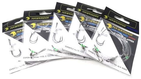HAWKRIDGE RIG PRO SERIES - 5 Packs of Double Hook Type Commercial Quality FLAPPER Ready Tied Rigs - Ideal for Sea and Shore Fishing (5 pack - 2 Hook - Size 2)