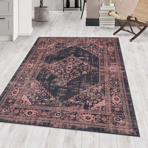 Waschbarer Teppich Flachgewebe Robust Modernes Design Vintage Optik rutschfest Teppich Wohnzimmer, Farbe: Rot, Größe: 80 x 250 cm