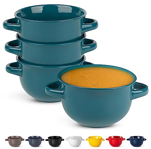 KooK Suppenschüsseln, französische Zwiebelsuppenschalen, Suppentöpfe, ofenfeste Schüsseln, Suppentassen, Keramikschalen, Geschirrspüler, Mikrowelle, 4 Stück, 510 ml (Blaugrün)
