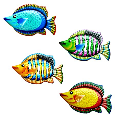 4 Stück Metall Fisch Wanddekoration, Hängende Fisch Eisen zum Hängen Eisen Fisch Wandkulptur Meerestiere Wandkunst Nautische Maritime Deko für Garten Badezimmer Terrasse Veranda Wand Deko-30cmx17.5cm