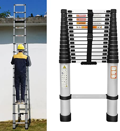 14.5FT Portable Aluminium Telescopic Ladder, 4.4M Retractable Collapse Extension, 330lbs Max Load, Step Ladder with Anti-Slip Rubber Feet