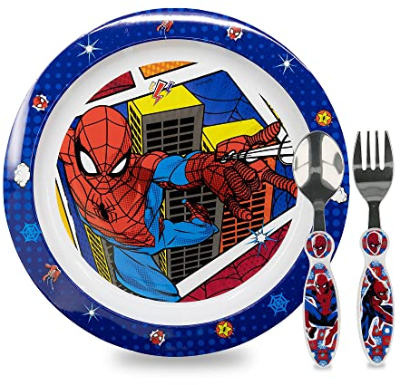 Sorrisini Ensemble de vaisselle pour enfant, Vaisselle réutilisable pour enfants, Set de table pour enfant, assiette et couverts en acier inoxydable, Services pour Enfant, Spiderman