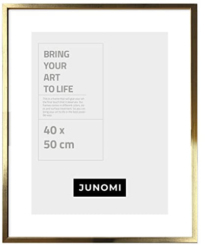 JUNOMI® Bilderrahmen 40x50 cm Holz | Farbe Gold | Posterrahmen mit bruchsicherem Acrylglas | Hoch- & Querformat zur Wandmontage, schmales Profil
