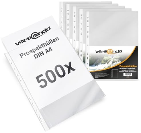 versando 500x A4 Prospekthüllen Business mit Heftrand Klarsichthüllen genarbt transparent 60my (5x 100 Stück)