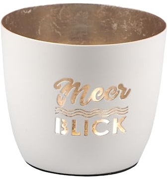 Seaside No.64 - Maritime Windlichter Baltic aus Metall mit ausgestanzten Schriftzügen - Verschiedene Farbkombinationen für Teelichter & Stumpenkerzen in Haus und Garten (Meerblick - weiß, Gold)
