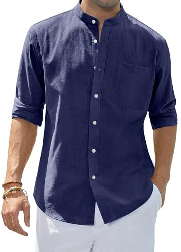 siliteelon Men's Shirts Grandad Collar Long Sleeve Navy Blue Linen Shirts Regular Fit Casual Summer Beach Shirt with Pocket,Medium