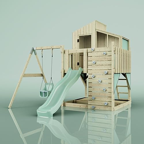 Rebo Spielturm mit Spielhaus inkl. Wellenrutsche und Baby-Schaukel | Outdoor Klettergerüst Garten | Kletterwand und Kletterleiter | Stabile Konstruktion, Weiches Gefühl in den Seilen