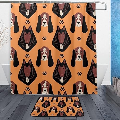 AHENGPAIG Barthroom Shower Curtain Basset Hound Collie Paw Orange Shower Rug Set Waterproof Polyester 66x72 In with Hooks Decor Bath Mat