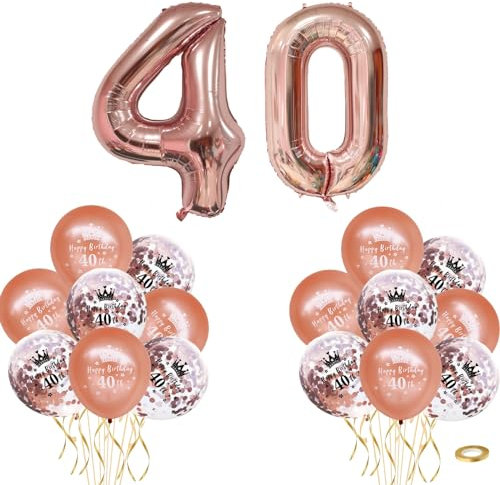 40 Rose Gold Number 40 Balloon & 16p 12 Happy 40th Birthday Balloons for Women Men Lady Birthday Decorations 40 Year,Foil Large Number Balloon Latex Digital Balloons for Him Her 40th Birthday Party