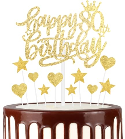 mciskin Happy 80th Birthday Cake Toppers - Gold Glitter Heart Stars for Women's 80th Birthday Cake Decorations