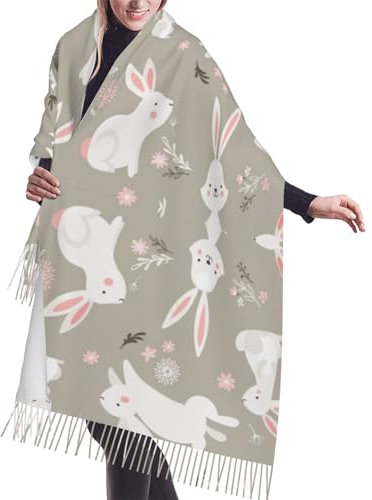 Kaschmir-Schal mit Hundeblumen, Fransen – Plüsch-Imitat Kaschmir-Schal mit einzigartigem einseitigem Druck, Osterhase mit Blumenmuster, One size