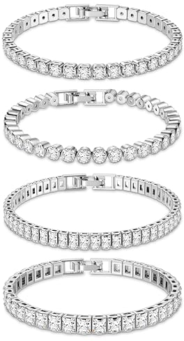 Dochais 4 Stück Tennis Armband Damen Silber, Diamant Armband Damen, Armband Zirkonia, Glitzer Armband Damen, Armband Damen Strass für Frauen Mädchen Ehefrau Mutter Schmuck Geschenk 17.5cm