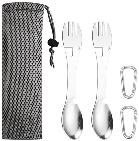 Bncxdc cubiertos para llevar, set de cubiertos camping 3 en 1, 2 piezas cubiertos viaje de acero inoxidable, set de juego de cubiertos con estuche, set de utensilios de camping, cubiertos de picnic
