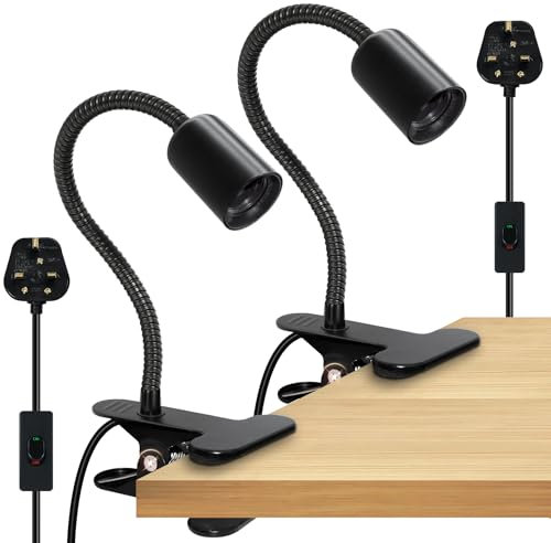 Clip on Lamp, 2PCS Clip on Light for Desk with Plug and 7.2ft Cable,Black Clip on E27 Bulb Holder,Flexible Lamp with Clamp Metal, 9mm Thickened 35cm Lengthened Gooseneck Clamp Desk Lamp,for Reading