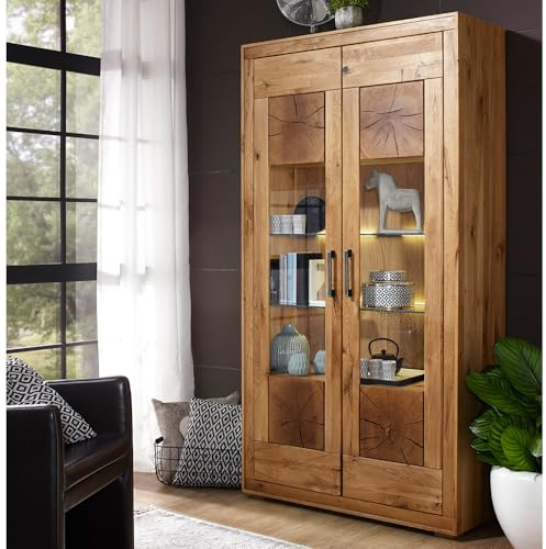 Lomadox Wohnzimmer Esszimmer Vitrinenschrank Vitrine 110cm, Wildeiche massiv geölt, montiert, inkl. Beleuchtung