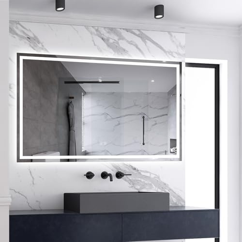 1100x700mm Wall Mounted Bathroom Mirror with LED Lights Shaving Socket Bluetooth, Vanity Mirror with Tri-colour Light, Adjustable Brightness
