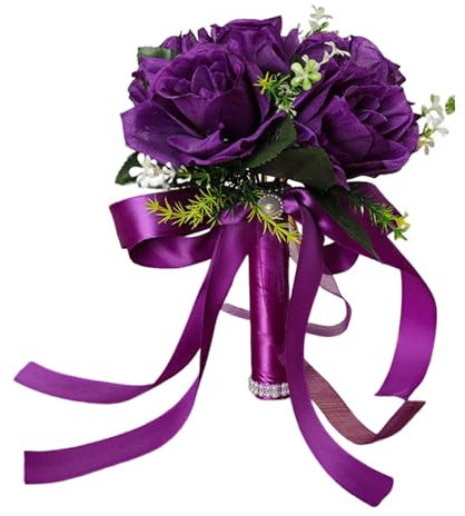 Brautstrauß, Hochzeits-Handstrauß, Brautstrauß mit künstlichen Rosen, Seidenblumenstrauß mit Band für die Hochzeit, lila Hochzeitsstrauß mit Blumen, künstlicher Rosenstrauß, künstlicher Brautstrauß