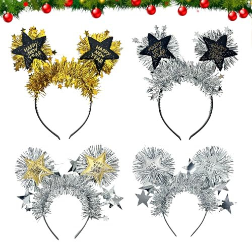 XIAGAW Silvester Haarreif, Happy New Year Stirnband, Happy New Year Haarreif, Silvester Haarschmuck, Happy New Year Kopfschmuck, Silvester Party Haarreif für Kinder und Erwachsene (4PCS)