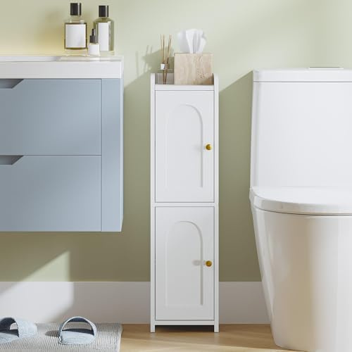 Hzuaneri Armoire de rangement de salle de bain, armoire d'angle avec 2 portes et étagère réglable, armoire étroite pour papier toilette, organisateur de salle de bain pour petits espaces, blanc