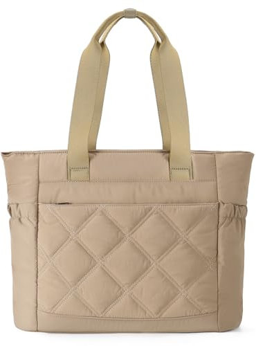 Chase Chic Handtasche Damen,15,6 Zoll Laptoptasche,Groß Puffer Shopper Tasche,Leichte Arbeitstasche Schultertasche Tote Bag für Arbeit,Schule,Reisen(Khaki)