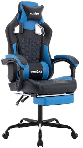 SUKIDA Ergonomischer Gaming-Stuhl mit Fußstütze, Racing Gaming Chair Kopfstütze, Gaming Stuhl Verstellbarer, Computerstuhl Höhenverstellbar Lendenwirbelstütze für Homeoffice und Gaming Blau