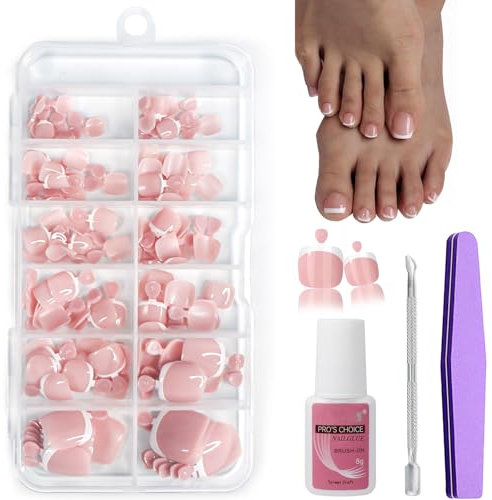 French Fake Toe Nails Set - 120PCS Short Square False Toenails Kit With Glue - White French Tip Pink Full Cover Fake Toe Nails - Acrylic Stick on Toenails Tip for Women Nail Art DIY Gift