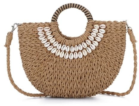 EVEOUT Sac Bandoulière en Paille Femmes été Boho Sac Panier Rond en Rotin Tissé Sac à Main Raphia avec Décoration Coquillage pour Plage Vacances(Marron)