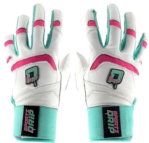 Sportz Drip Batting Gloves (White/Pink) - Genuine Leather Gloves for Baseball and Softball Players - Unisex Teenagers, Unisex Adults