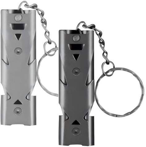 COYUN 2 Pièces Sifflet de Signal Sifflet Métal Haute Décibel Sifflet d'urgence de Survie en Plein Air en Acier Inoxydable Sifflet Extérieur avec Porte-clés pour Camping, Randonnée, Arbitre