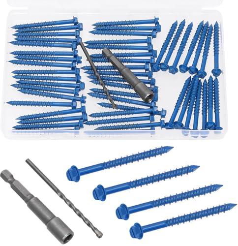 Mardatt 52Pcs 3/16 x 2-1/4 Concrete Screws, Slotted Hex Washer Head Concrete Screws Anchor with Drill Bit and Hex Bit Socket, Self Tapping Masonry for Anchoring to Masonry Block Brick Stucco