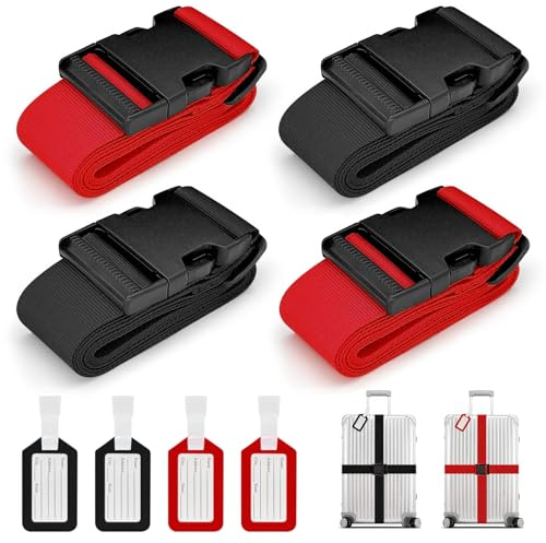 Koffergurte 4 Stück, Verstellbare Kofferband mit Adressschild, 2 Farben Kreuzgurt Kofferbänder für Koffer Markierung, Reisezubehör Gepäckgurt Luggage Strap zum Sicheren Verschließen(2 Rot + 2 Schwarz)